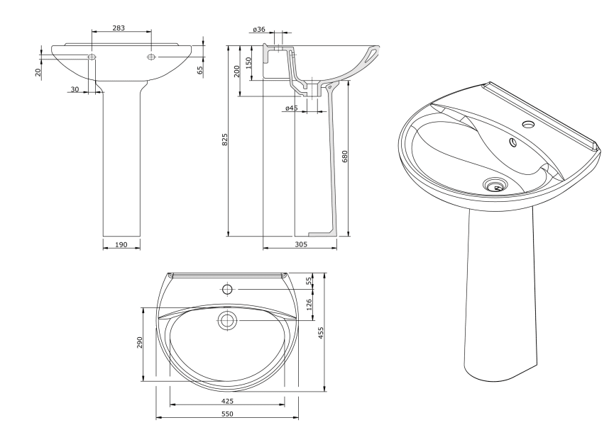 Lavabo pedestal Benissa Unisan Sanidusa croquis 2