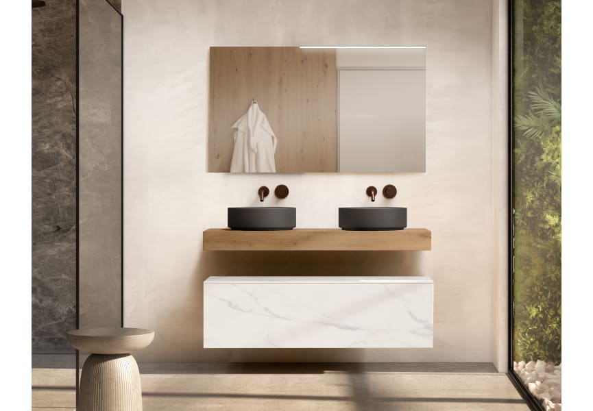 Mueble de baño con encimera de madera 10 cm de altura en color roble costa con cajonera Nomad Visobath principal 3