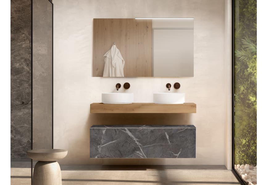 Mueble de baño con encimera de madera 10 cm de altura en color roble costa con cajonera Nomad Visobath principal 4
