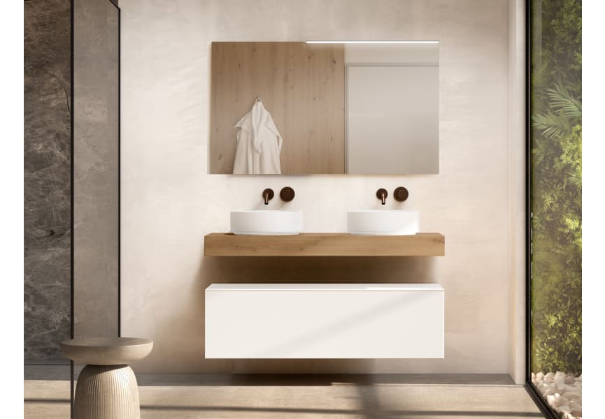 Mueble de baño con encimera de madera 10 cm de altura en color roble costa con cajonera Nomad Visobath principal 0