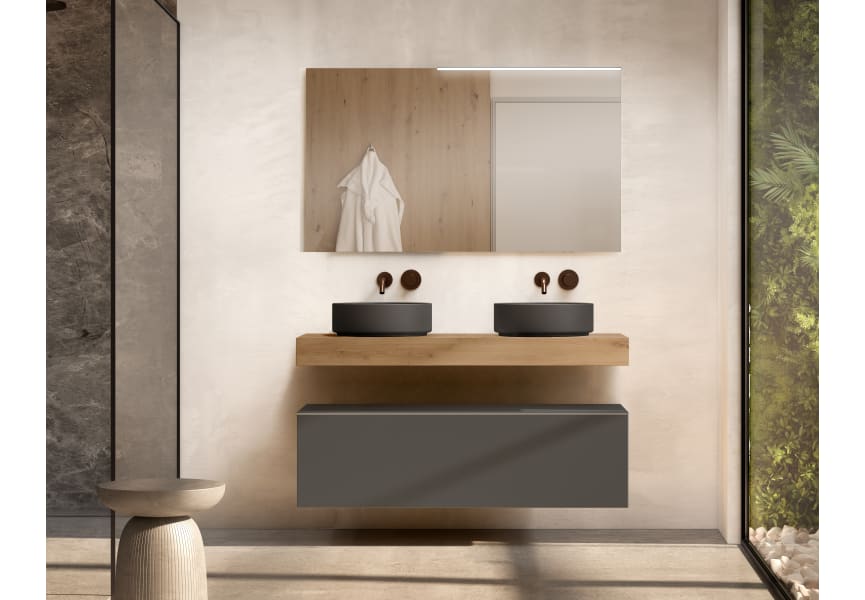 Mueble de baño con encimera de madera 10 cm de altura en color roble costa con cajonera Nomad Visobath principal 1