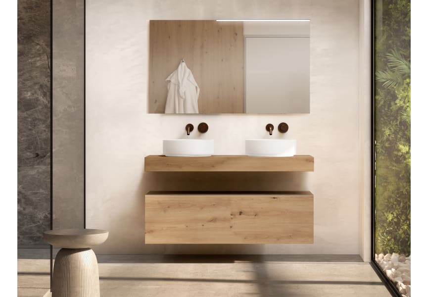 Mueble de baño con encimera de madera 10 cm de altura en color roble costa con cajonera Nomad Visobath principal 2