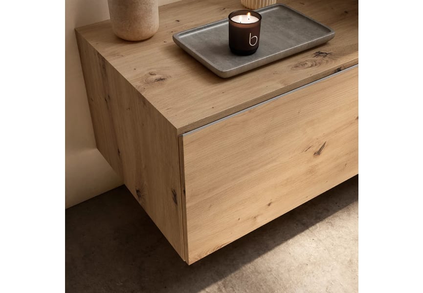 Mueble de baño con encimera de madera 10 cm de altura en color roble costa con cajonera Nomad Visobath detalle 6