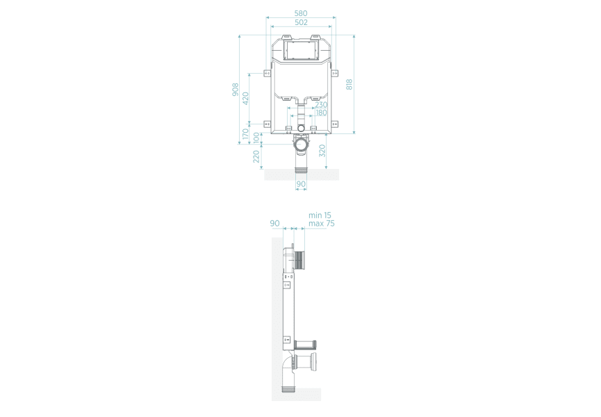 Pack inodoro + cisterna empotrada + pulsador Roundy Bruntec croquis 7