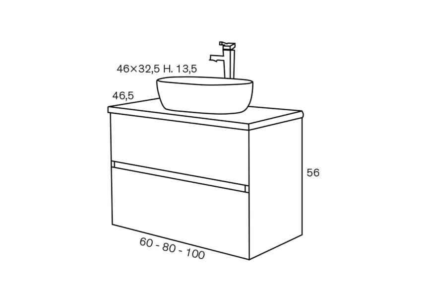 Conjunto mueble de baño con lavabo sobre encimera Deco Lux Sanchís croquis 4
