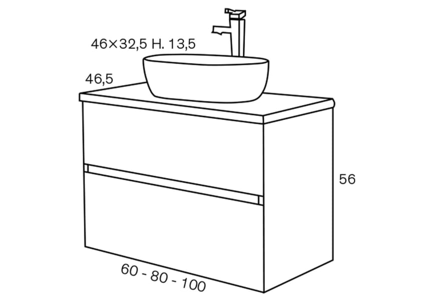 Conjunto mueble de baño con lavabo sobre encimera Deco Lux Sanchis croquis 11