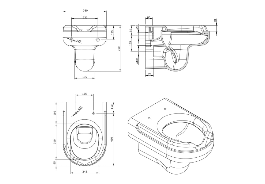 Inodoro suspendido New Wccare PMR de Unisan croquis 3