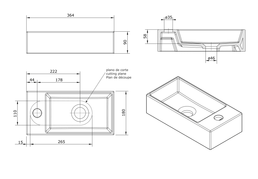 Lavabo sobre encimera Note de Unisan Sanindusa croquis 2