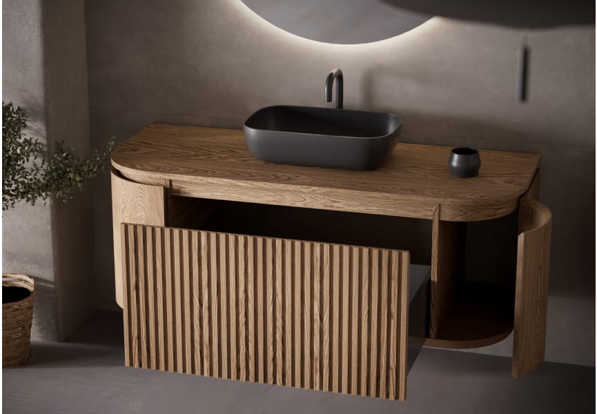 Mueble de baño madera maciza de fresno con encimera de madera Evo Curve Bruntec detalle 1