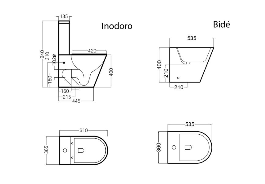 Pack inodoro mate + cisterna + bidé Lisboa Bruntec croquis 4