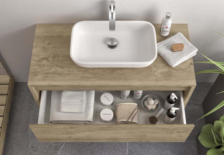 Mueble de baño Lambda con encimera de madera Coycama detalle 16