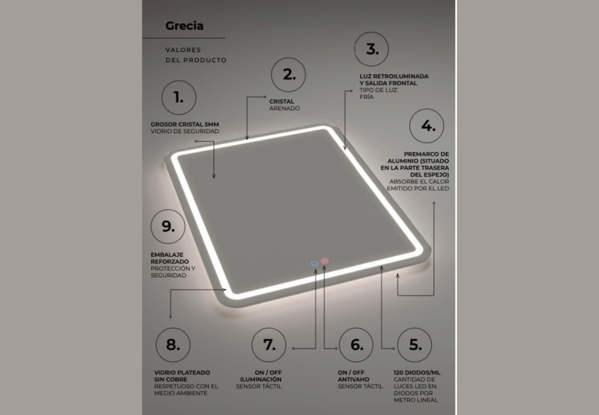 Espejo de baño con luz LED Grecia Ledimex detalle 7