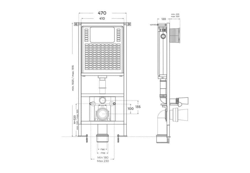 Pack inodoro + cisterna empotrada + pulsador Florencia Fossil Natura mate croquis 5
