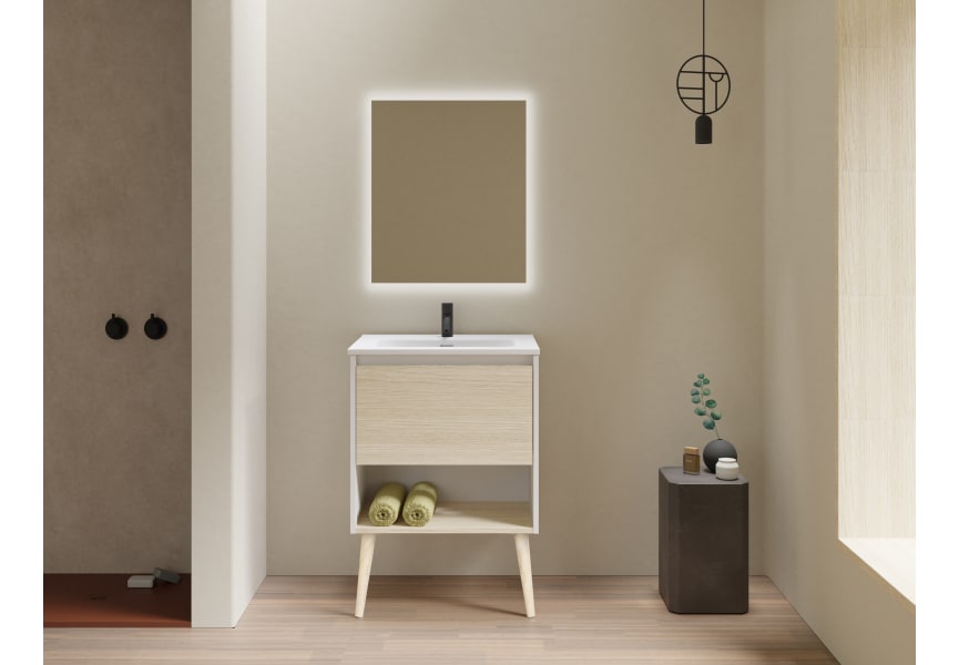 ▷ Mueble de Baño Iris 60 cm. 1 cajón y faldón con lavabo sobreencimera, Mudeba