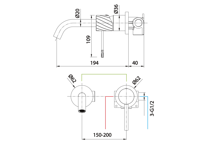 Grifo de lavabo empotrado Bless Imex croquis 27