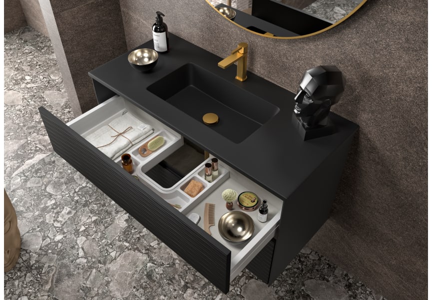 Mueble Baño Negro Suspendido con Lavabo Negro Sahara, 2 cajones con Uñero  Cierre Amortiguado y Organizador, Negro - Blanco 100cm