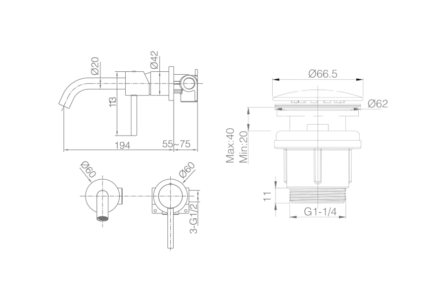 Pack Grifo de lavabo empotrado Monza Imex + Válvula click-clack de Imex croquis 5