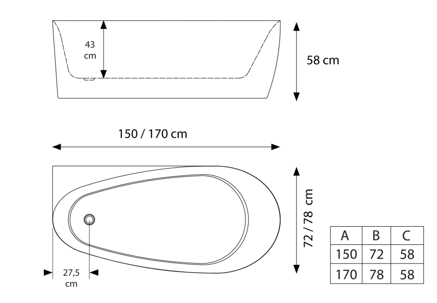 Bañera exenta Altea Hidronatur croquis 2