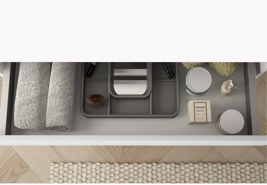 Mueble de baño MDF lacado con encimera de madera Vilma Bruntec detalle 4