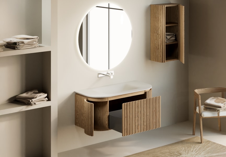 Conjunto mueble de baño madera maciza de fresno con lavabo Solid Suface Neo Curve Bruntec detalle 1