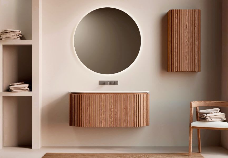 Conjunto mueble de baño madera varias medidas, maciza de fresno con lavabo Solid Suface Neo Curve Bruntec principal 0