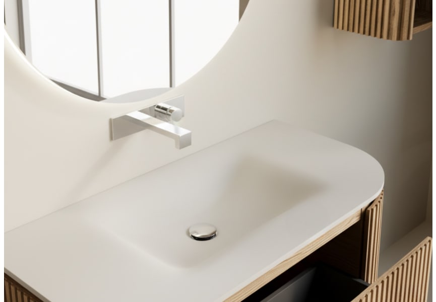 Conjunto mueble de baño madera varias medidas, maciza de fresno con lavabo Solid Suface Neo Curve Bruntec detalle 3