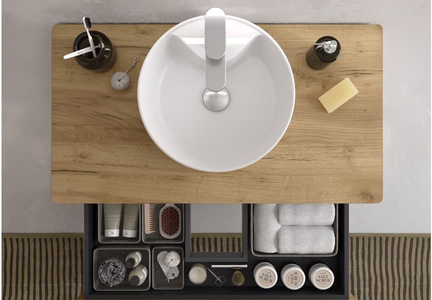 Conjunto mueble de baño Kira Salgar con lavabo sobre encimera detalle 11