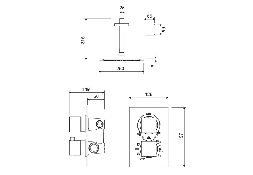 Conjunto de ducha empotrado al techo Artemis Lluvibath croquis 2