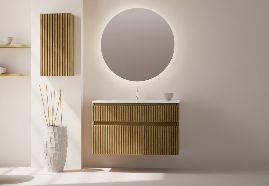 Conjunto de mueble de baño de madera maciza ranurado Alpes 2 Bruntec ambiente 4