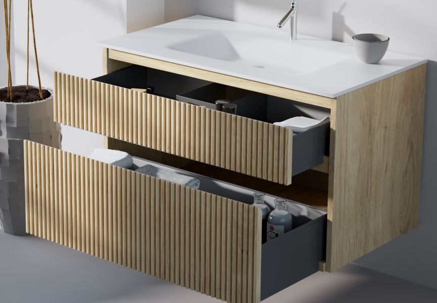 Conjunto de mueble de baño de madera maciza palilleria Alpes 2 Bruntec detalle 3