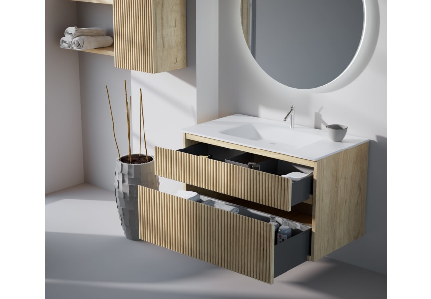 Conjunto de mueble de baño de madera maciza ranurado Alpes 2 Bruntec detalle 2