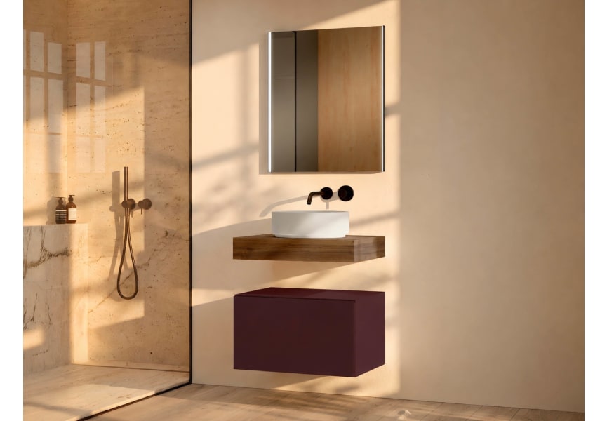 Mueble de baño con encimera de madera 10 cm de altura en color Valenti  con cajonera Nomad Visobath ambiente 16