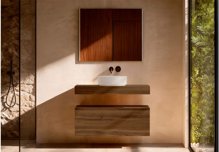 Mueble de baño con encimera de madera 10 cm de altura en color Valenti  con cajonera Nomad Visobath principal 1