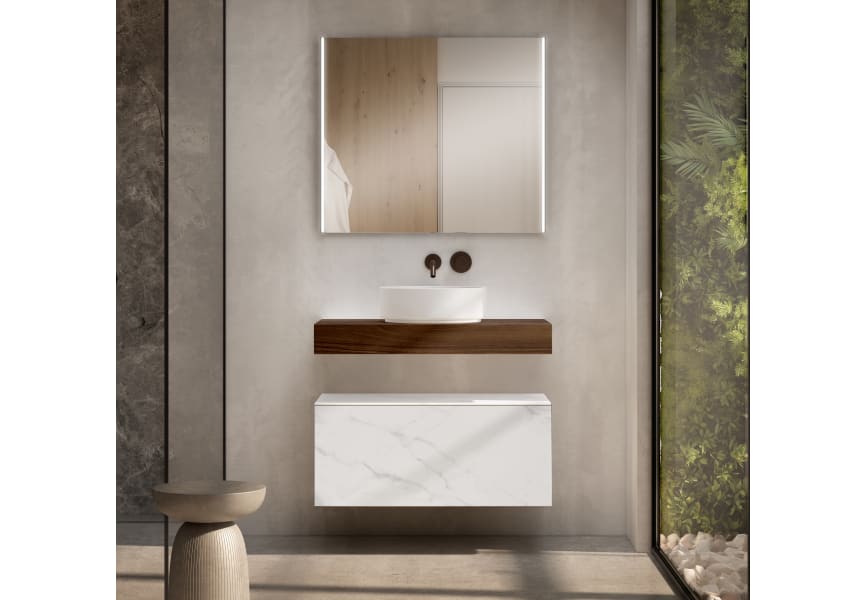 Conjunto mueble de baño con encimera de madera 10 cm de altura en color Valenti  con cajonera Nomad Visobath principal 1