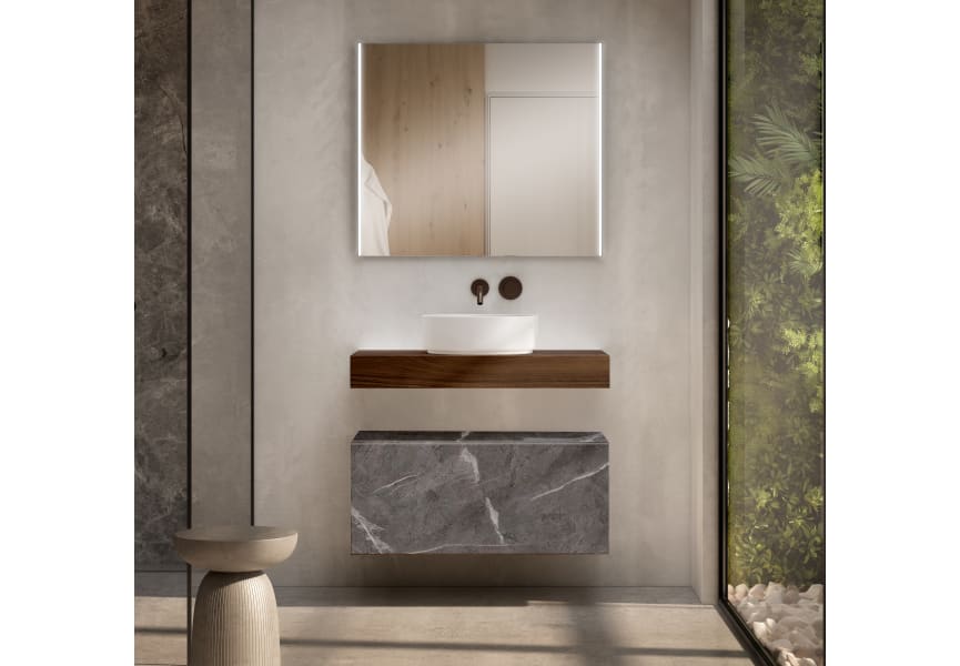 Mueble de baño con encimera de madera 10 cm de altura en color Valenti  con cajonera Nomad Visobath principal 2