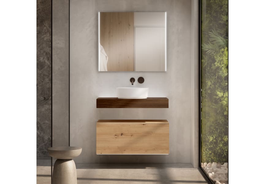 Conjunto mueble de baño con encimera de madera 10 cm de altura en color Valenti  con cajonera Nomad Visobath principal 4