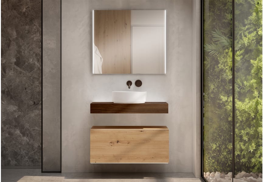 Mueble de baño con encimera de madera 10 cm de altura en color Valenti  con cajonera Nomad Visobath principal 0