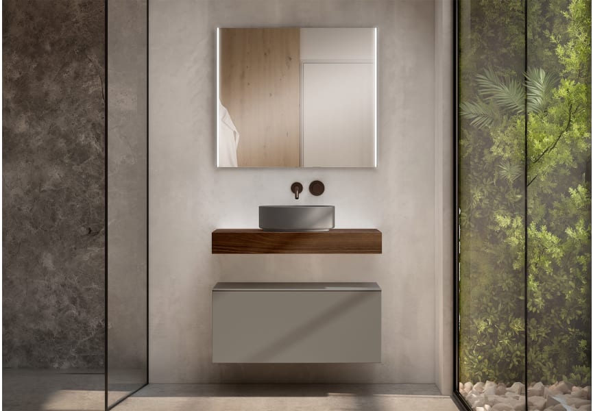Mueble de baño con encimera de madera 10 cm de altura en color Valenti  con cajonera Nomad Visobath principal 7