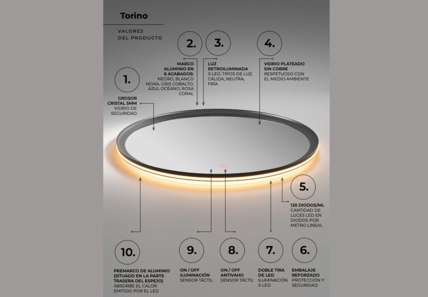 Espejo de baño con luz LED Torino Ledimex detalle 10