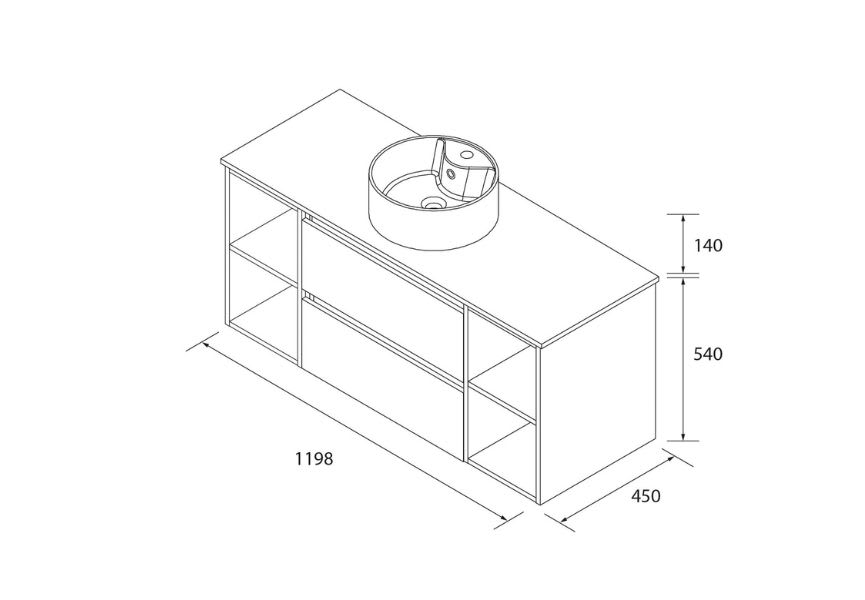 Conjunto mueble de baño con lavabo sobre encimera Bequia Salgar croquis 9