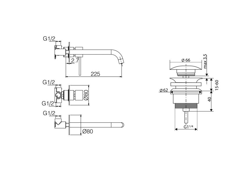 Pack grifo de lavabo empotrado Imex Milos + Válvula click-clack croquis 8