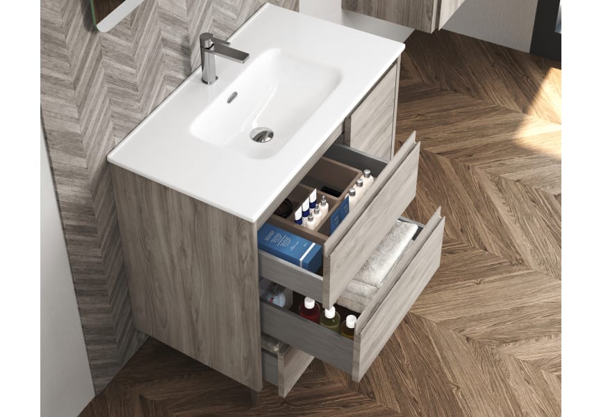 Mueble de Baño Suspendido con Lavabo Cerámico, 60cm, 2 cajones con Uñero  Cierre Amortiguado y Organizador, Pino Gris