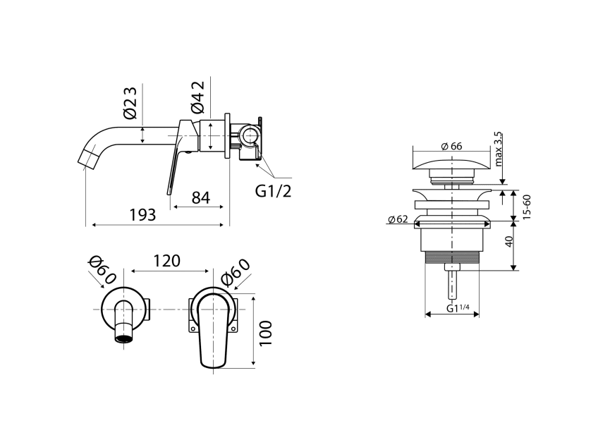Pack grifo de lavabo empotrado Imex Bélgica + Válvula click-clack croquis 3