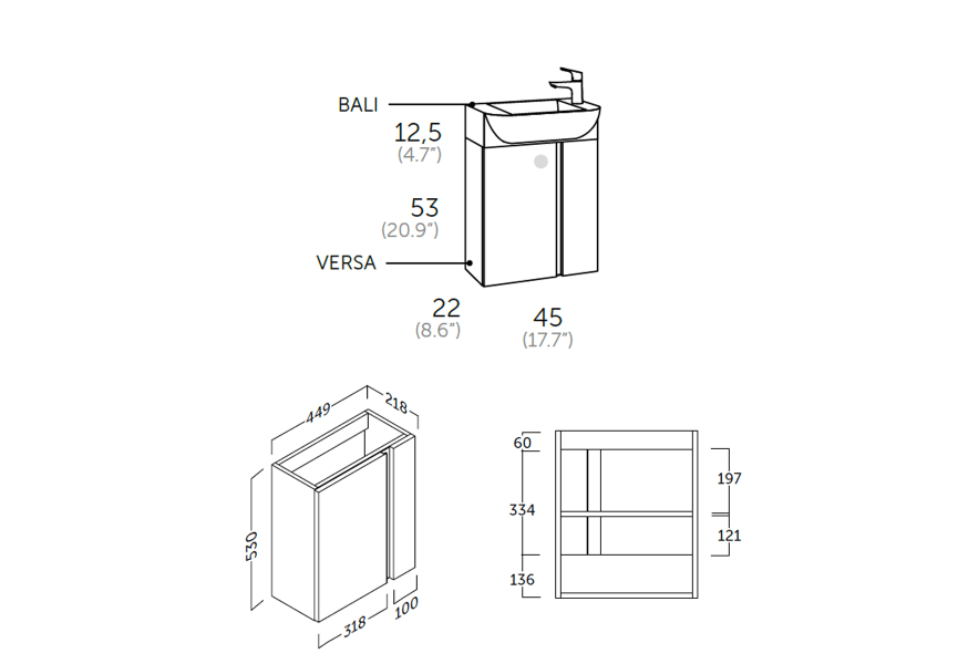 Conjunto mueble de baño fondo reducido 22 cm Versa Coycama croquis 7