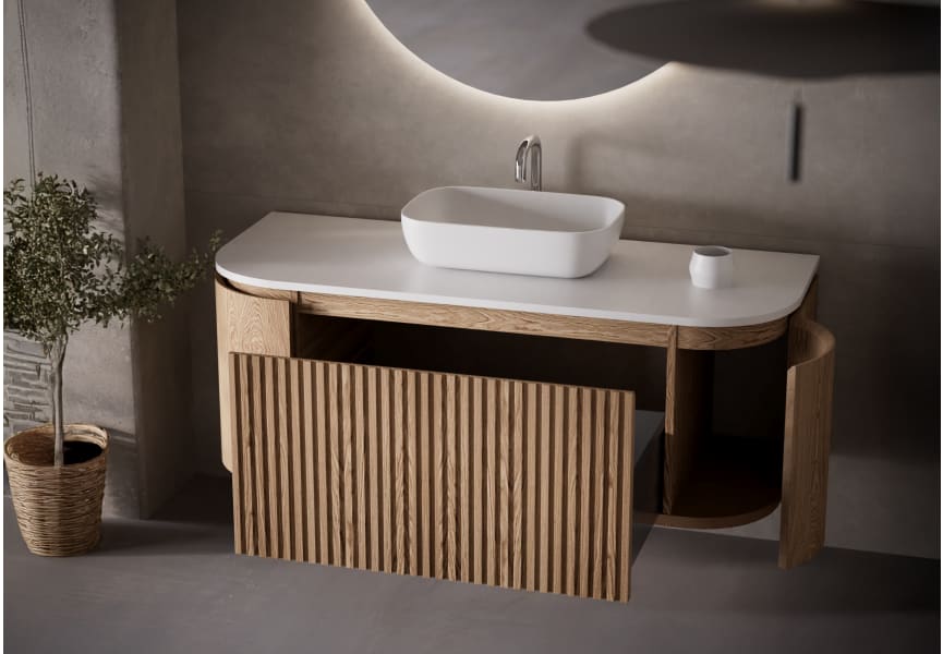 Mueble de baño madera varias medidas, maciza de fresno con encimera Solid Surface Evo Curve Bruntec detalle 1