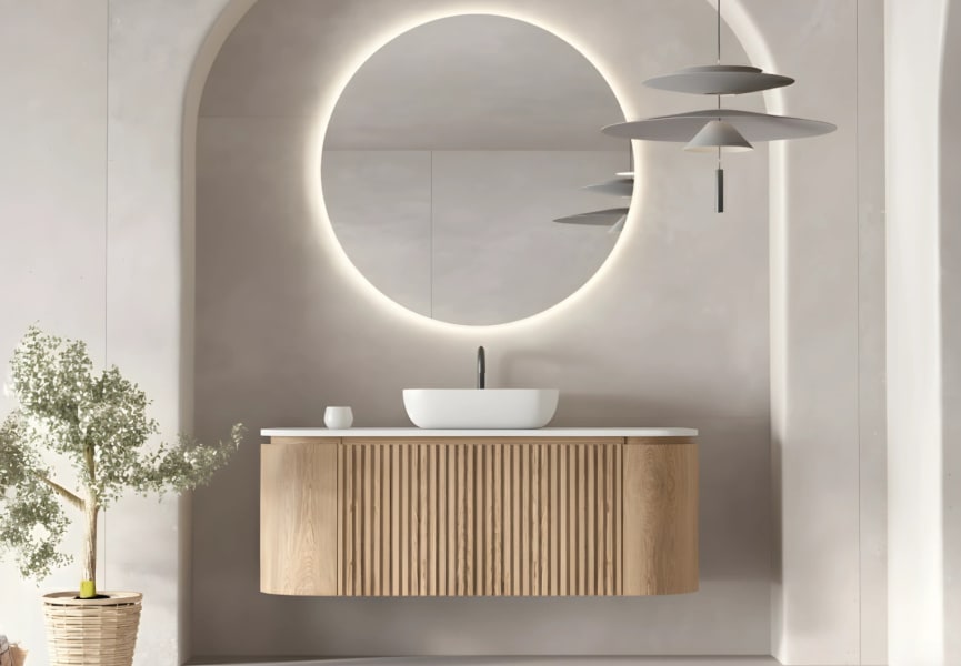 Mueble de baño madera varias medidas, maciza de fresno con encimera Solid Surface Evo Curve Bruntec principal 0