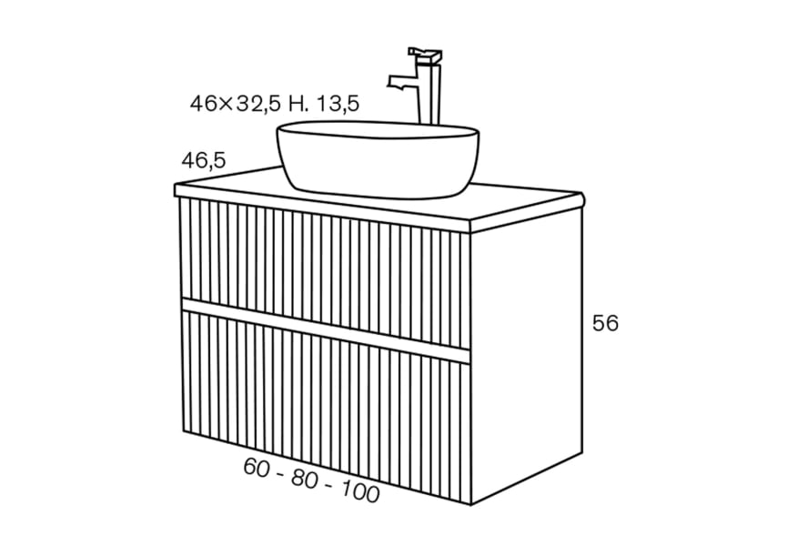 Conjunto mueble de baño con lavabo sobre encimera Etna Sanchís croquis 3