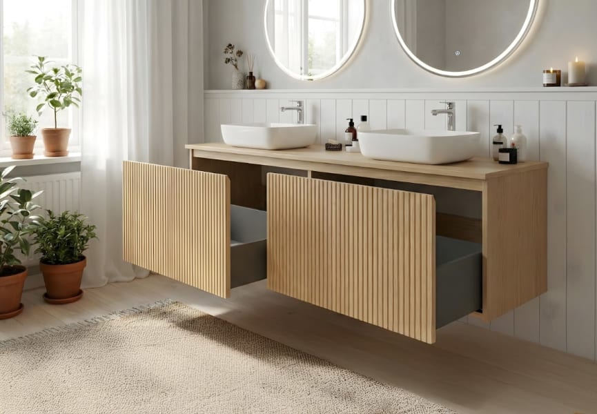 Mueble de baño madera maciza con encimera de madera Alpes 4 Bruntec detalle 2