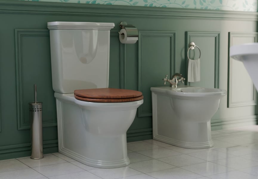 Inodoro compacto Olimpia Fossil Natura con tapa de madera ambiente 1