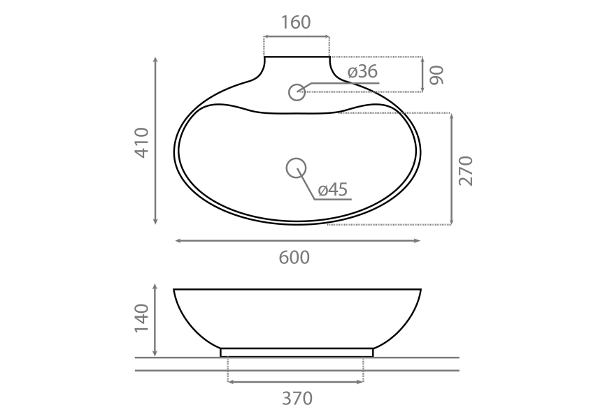 Lavabo sobre encimera New Málaga Bathco croquis 2